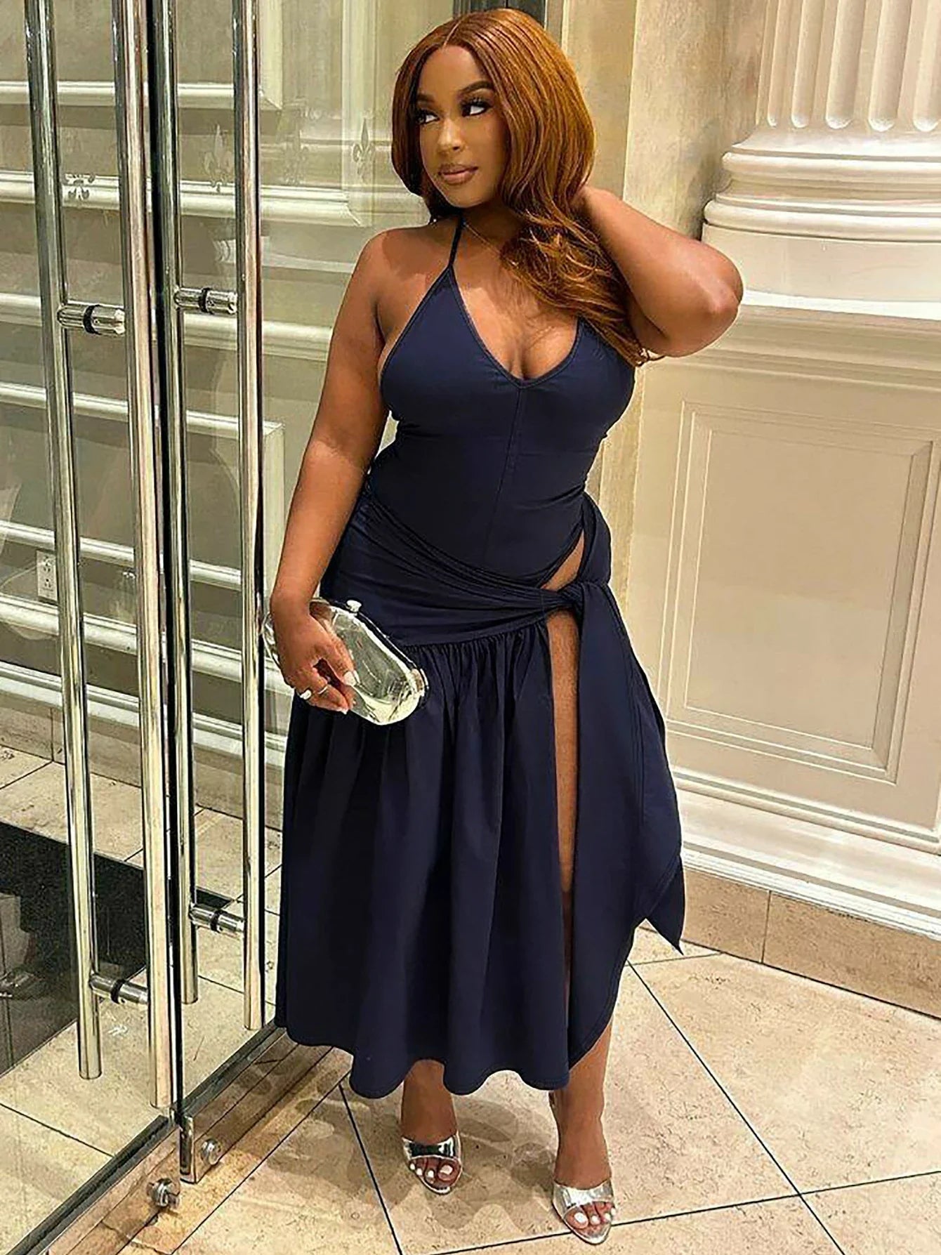 Slit Backless Bandage Maxi Dress Set