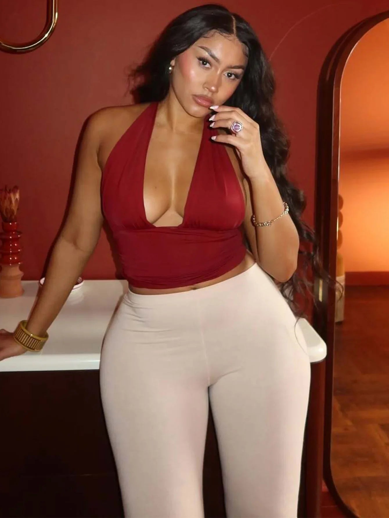 Dulzura Halter Lace-Up Ruched Cami Top