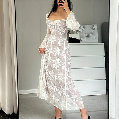 Lace Flared Sleeve A-Line Midi Dress