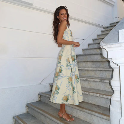 Pleated Print A-line Spaghetti Summer Dress
