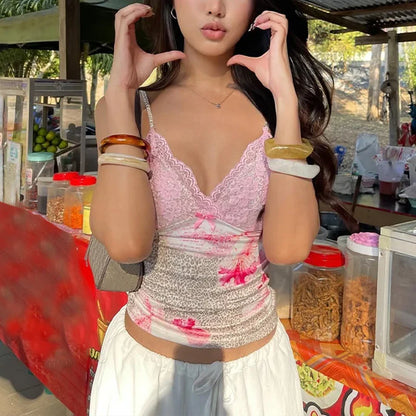 Casual Lace Print Halter Mesh Sheer Top