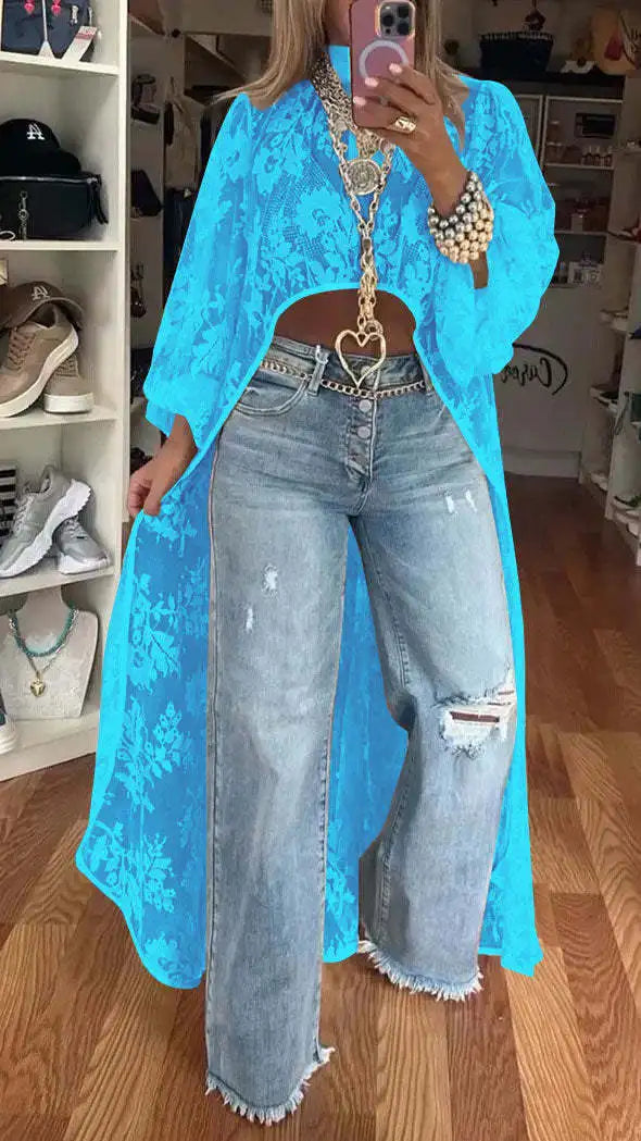 Lace Floral High Neck Puff Sleeve Blouse