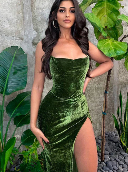 Green Velvet Strap Side Slit Backless Slip Dress