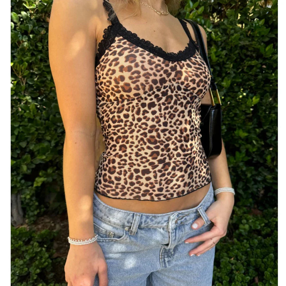 Lace Trim Leopard Print Grunge Cami Top