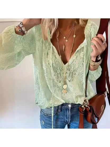 Vintage Button Lace-up Long Sleeve Blouse
