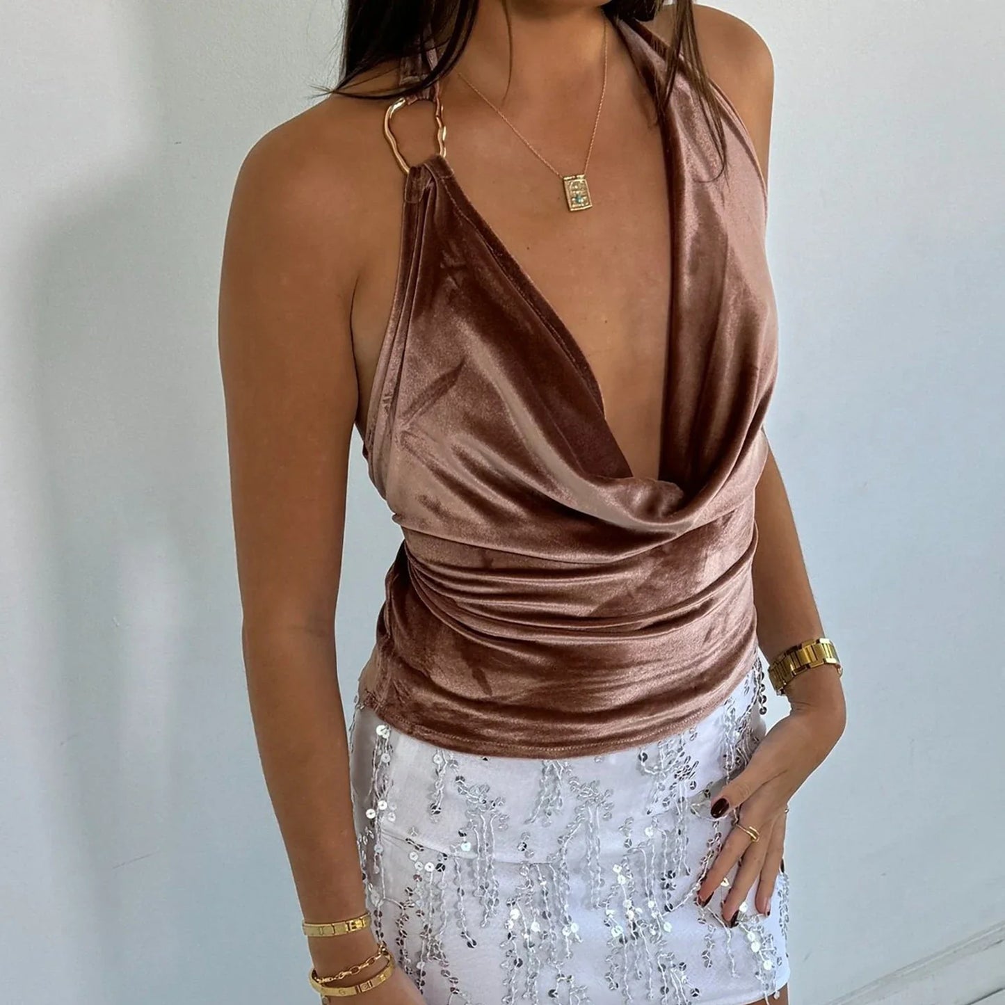 Velvet Y2K Halter Backless Swing Collar Cami Top