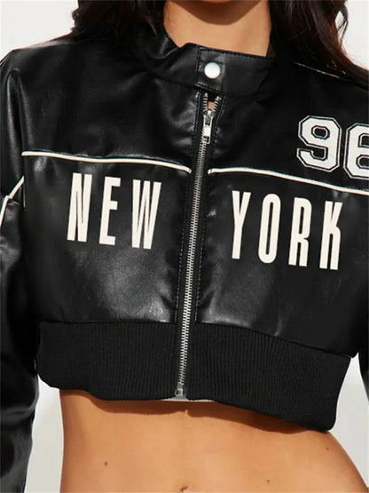 Letter PU Hipster Crop Jacket