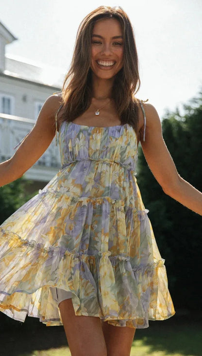Bowknot Spaghetti Chiffon Floral Dress