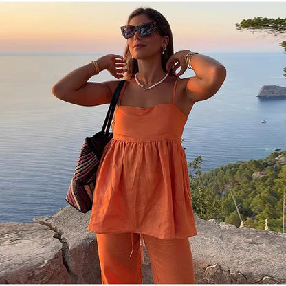 Orange Ruffles Pleated Two Piece Pants Set