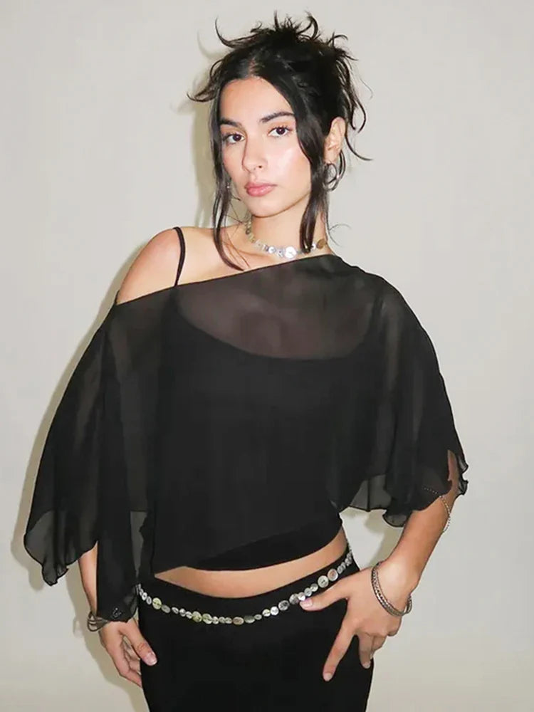 One-Shoulder Mesh Crop Sheer Top