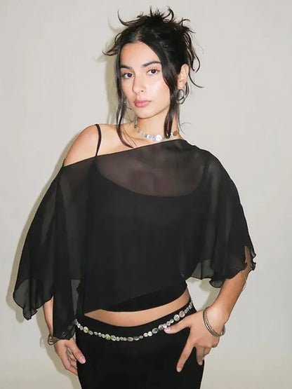 One-Shoulder Mesh Crop Sheer Top