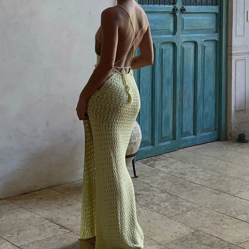 Crochet Tie Up Sleeveless Slim Split Slip Dress