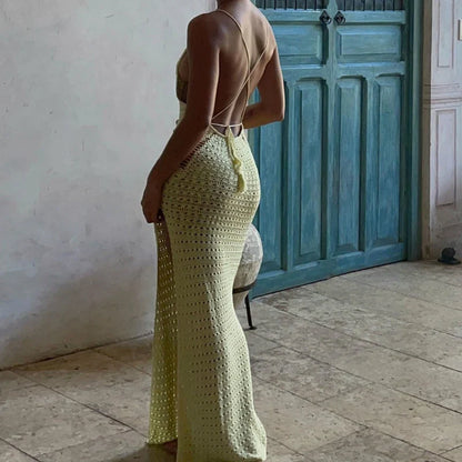 Crochet Tie Up Sleeveless Slim Split Slip Dress