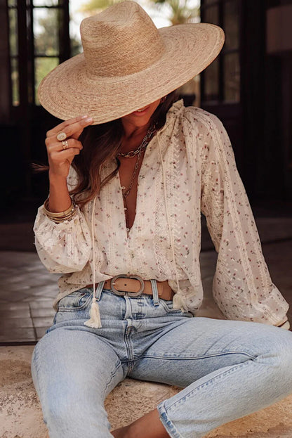 Boho Floral Printed Tassel Blouse
