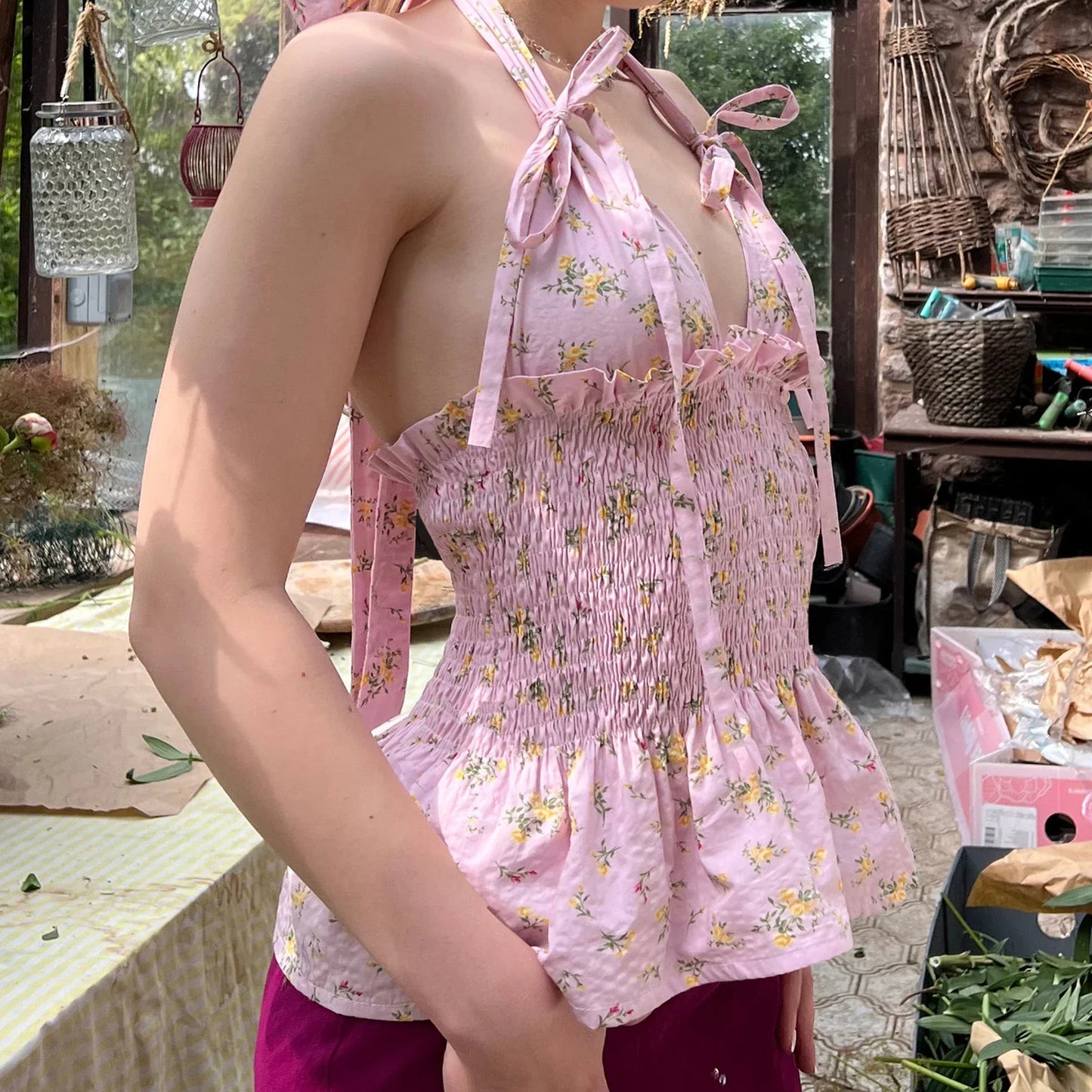 Y2K Floral Print Ruffled Hem Tie-Up Cami Top