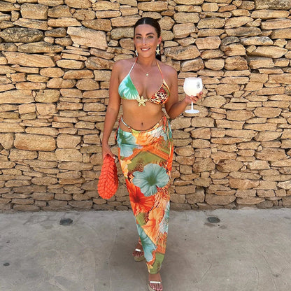 Print Micro Long Sleeve Sexy Three Piece Swim Sets