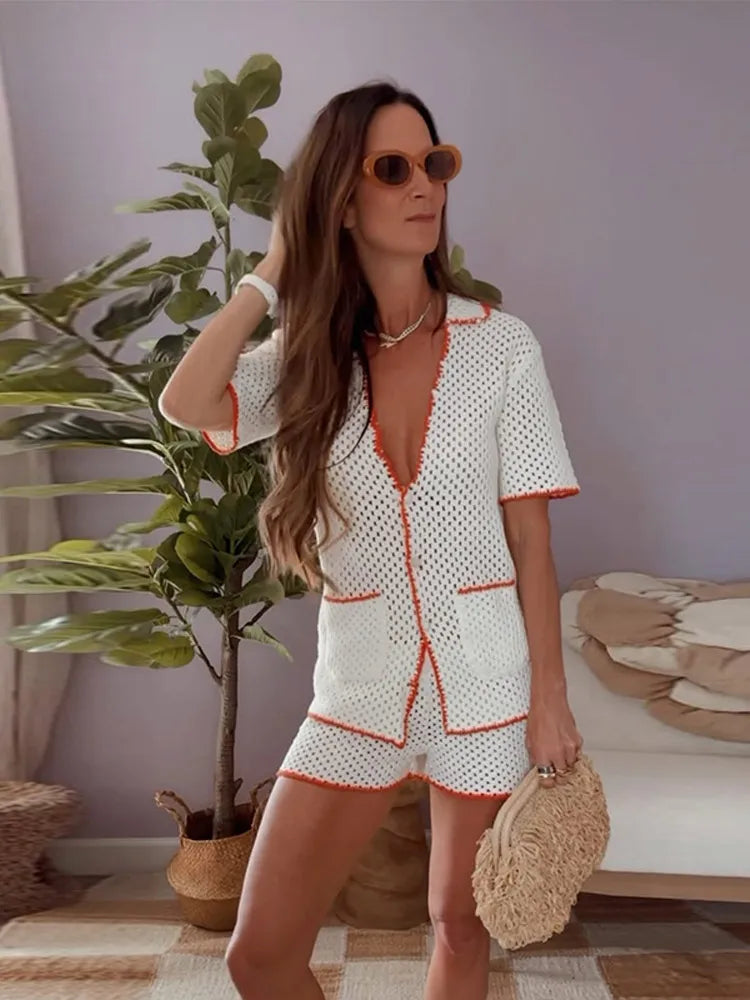 Lace Up Lapel Shorts Knit Set