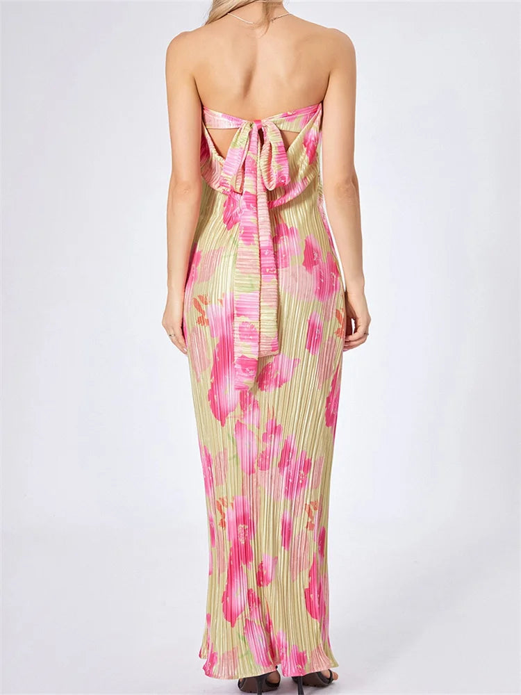 Strapless Tie-up Off Shoulder Floral Dress