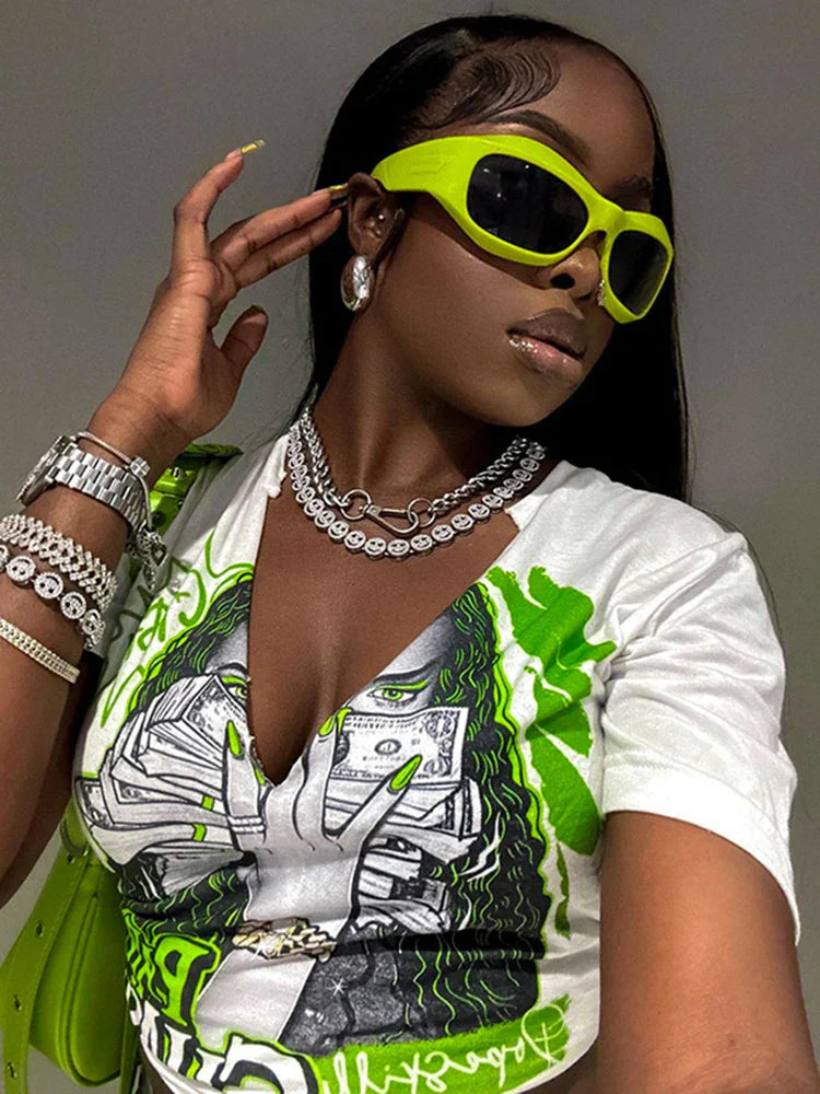 Graphic V Neck Midriff Crop Top