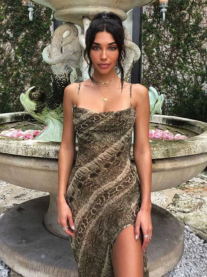 Snake Print Chiffon Sheer Strap Backless Slit Slip Dress