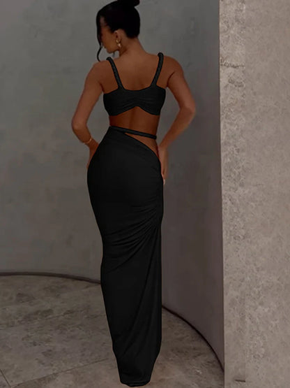 Orange Ruched Bandage Maxi Two Piece Skirt Set