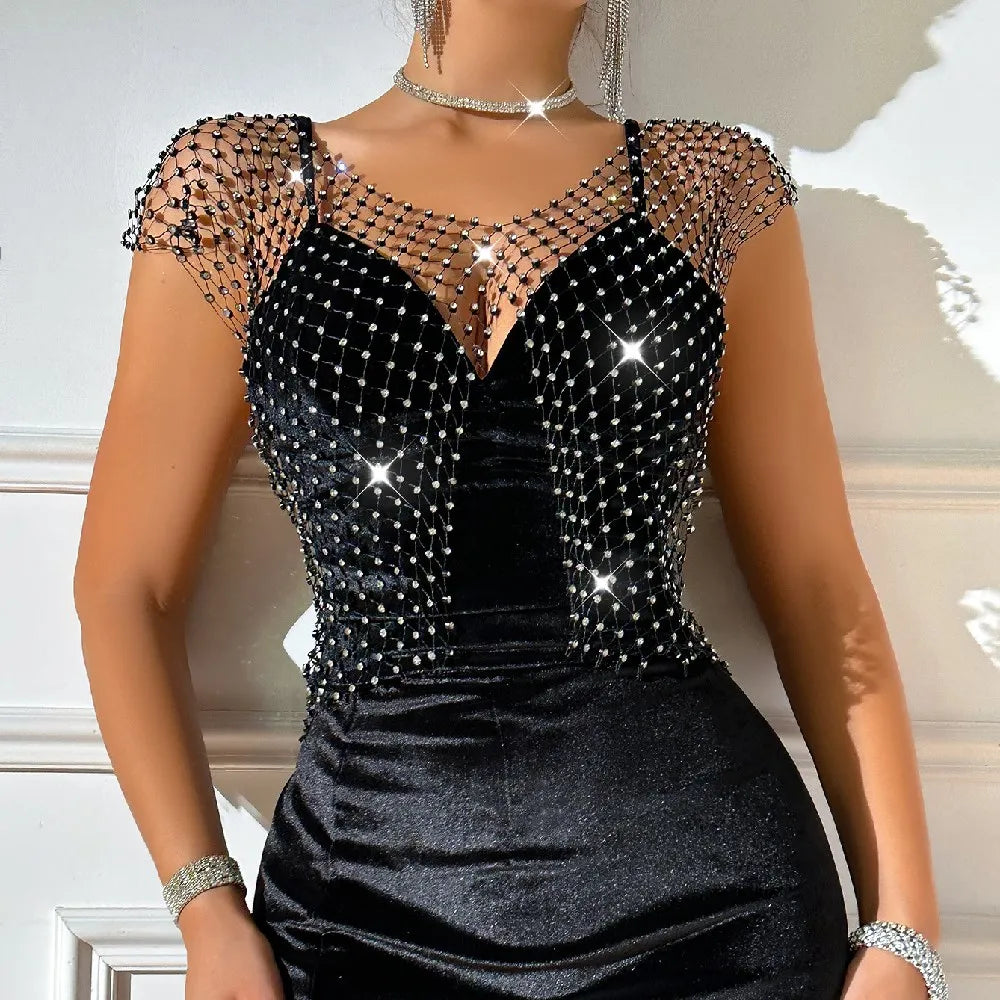 Rhinestone Diamond Net Sheer Top