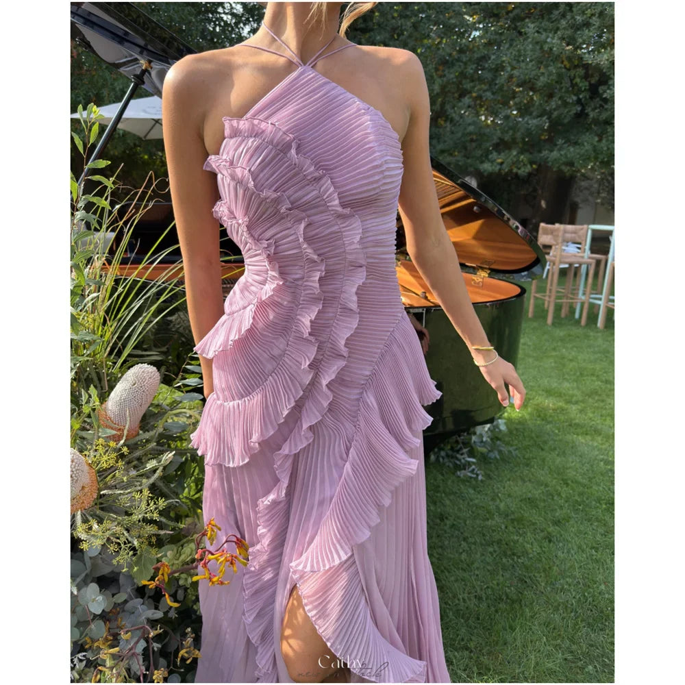 Purple Halter Pleated Prom Dress