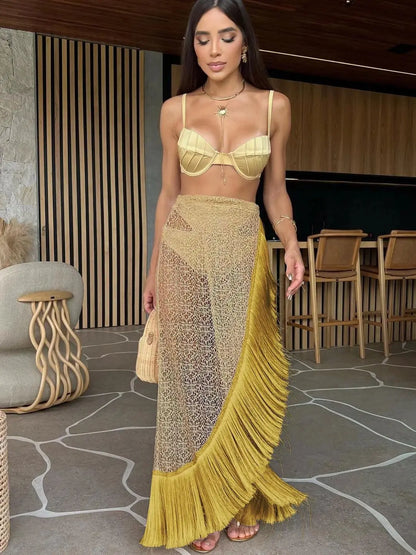 Solid Padded Bra Tassel High Waist Skirt Three Piece Swim Sets