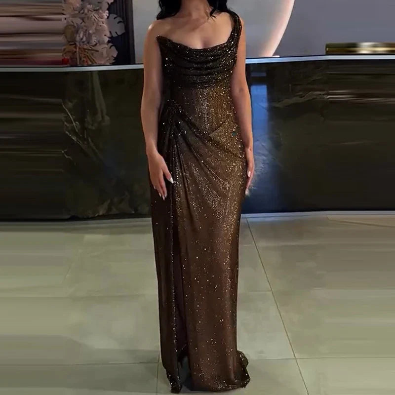 Sequin Asymmetric Off Shoulder Maxi Dress