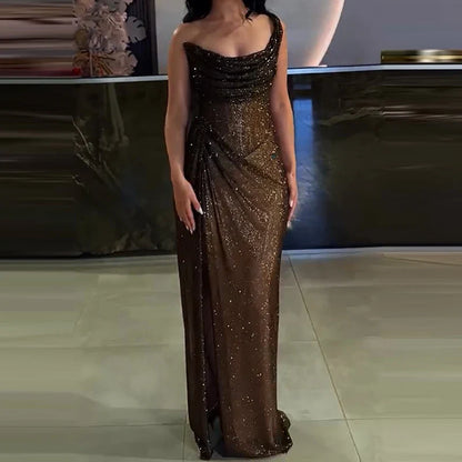 Sequin Asymmetric Off Shoulder Maxi Dress