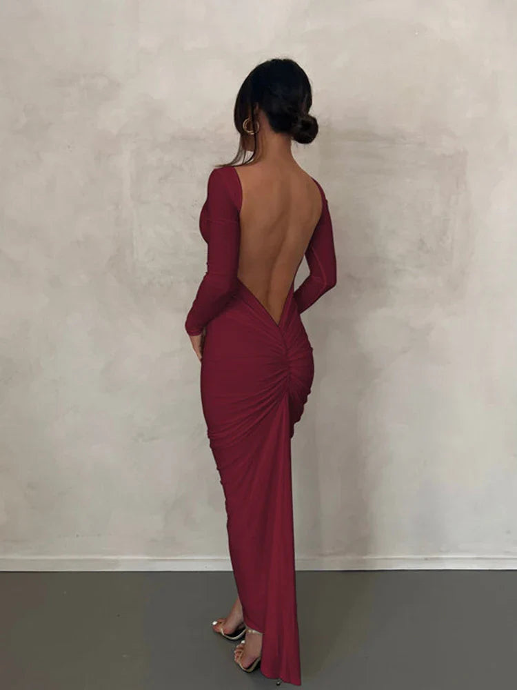 Draped Backless Long Sleeve Maxi Dress