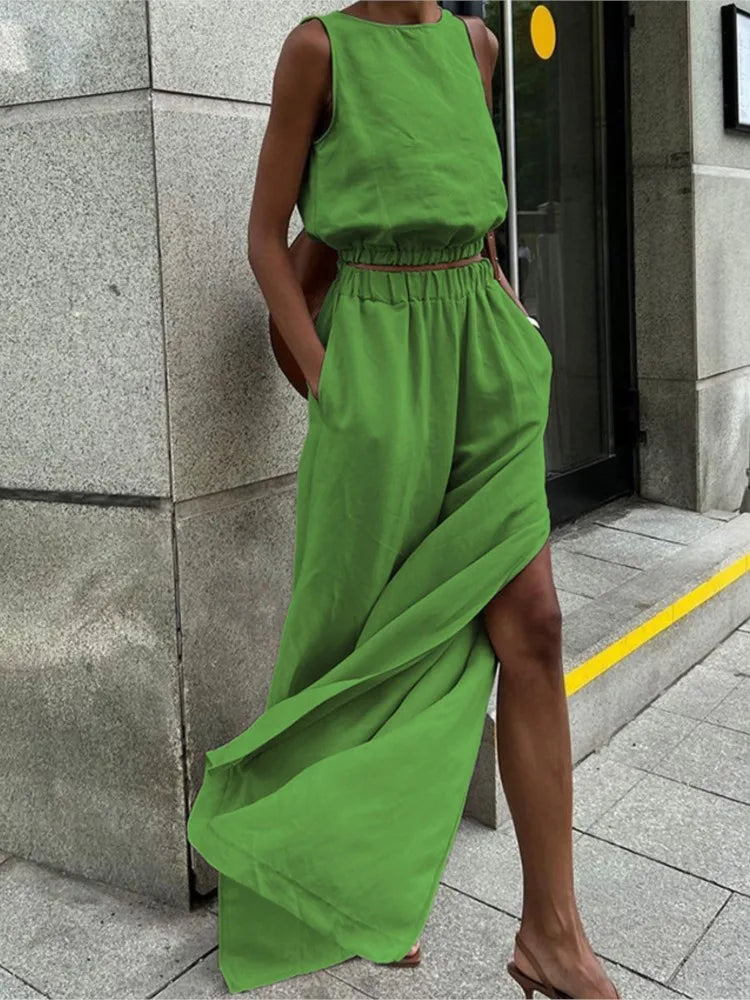 Cotton Linen Khaki Sleeveless Two Piece Pants Set