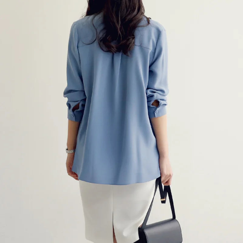 Casual Long Sleeve Bow Tie Fashion V-neck Chiffon Blouse