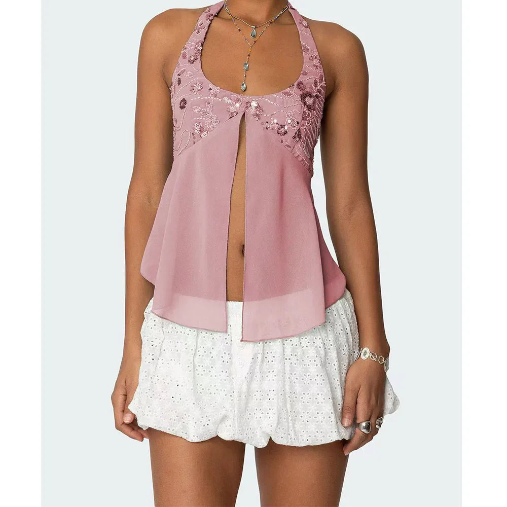 Pearl Embellished Sequins Halter Backless Cami Top