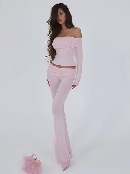 Off Shoulder Flare Pants Knit Set