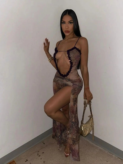 Sheer Mesh Lace-up Black Maxi Dress