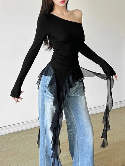 Irregular Patchwork Gauze Sheer Top