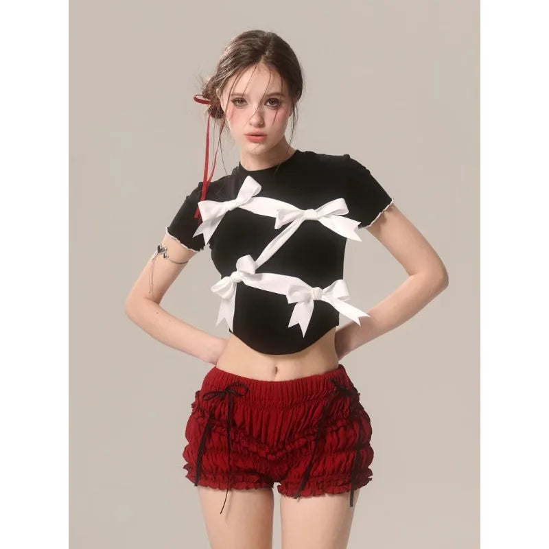 Bow Decoration Black Slim T-shirt