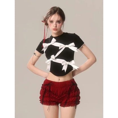 Bow Decoration Black Slim T-shirt