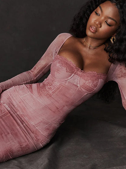 Square Collar Long Sleeve Midi Dress