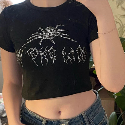 Spider Rhinestone Slim Fit Crop Top