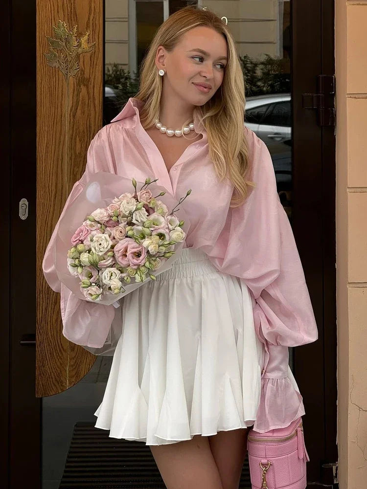 Loose See-Through Lapel Long Sleeve Blouse