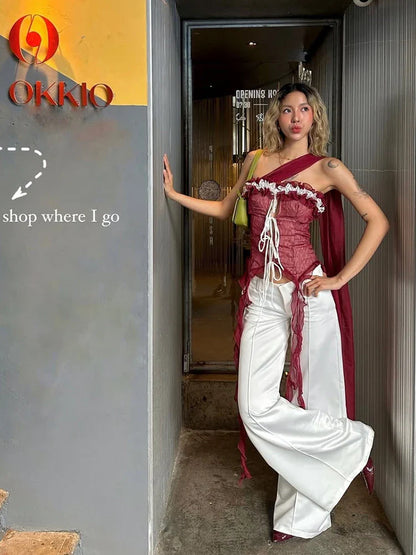 Mesh Scarf Patchwork Lace Ruffled Sheer Top