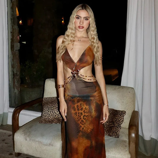 Leopard Print V Neck Maxi Midi Dress