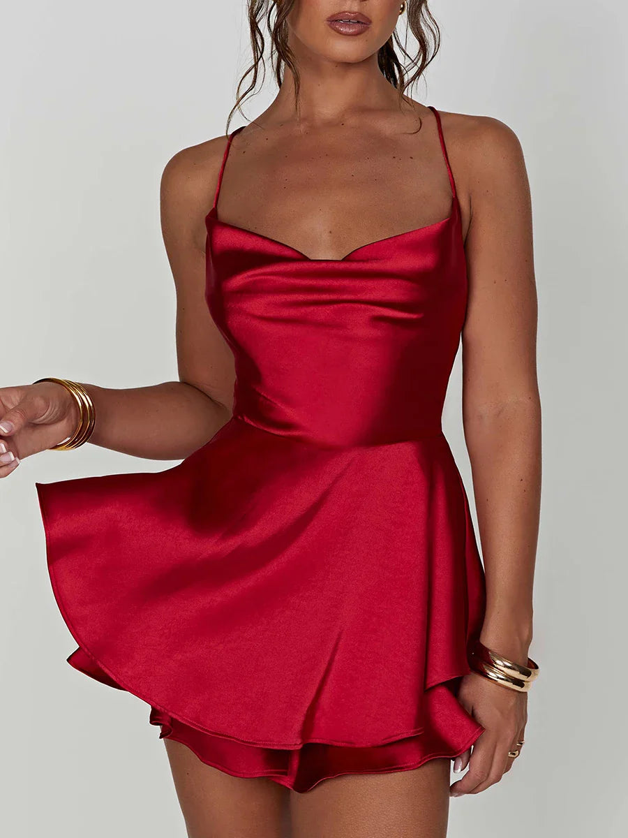 Satin Cowl Neck Tie Back Romper Mini Dress