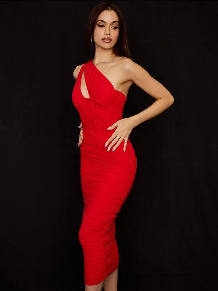 One Shoulder Ruched Midi Dress