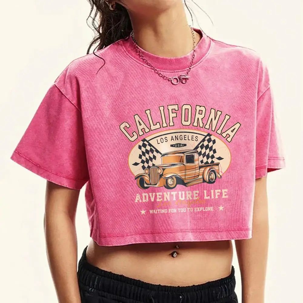 Cotton Distressed Washed Graphic Crop Top