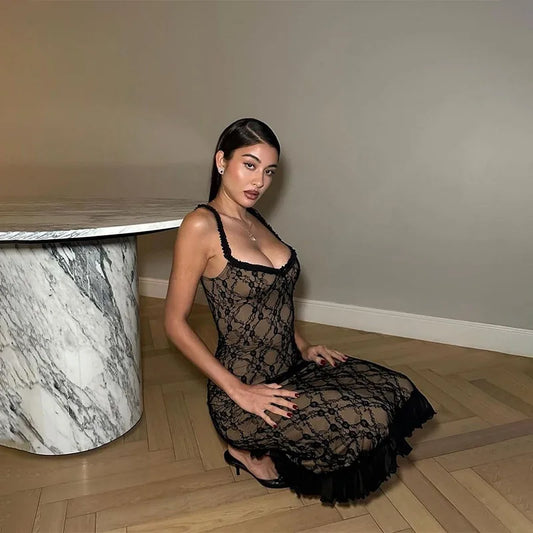 Mesh Lace Plunge Neck Midi Dress