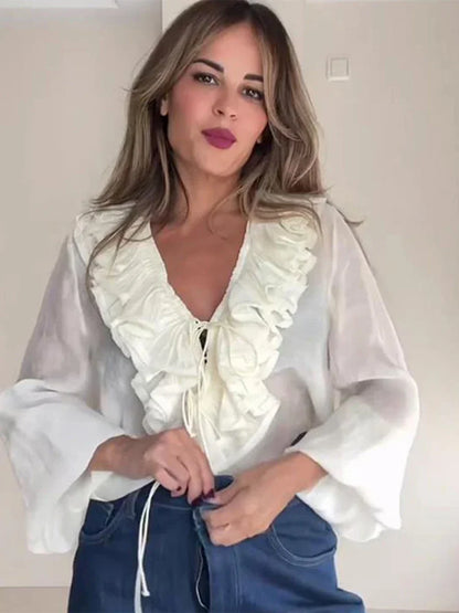 Women Ruffles Lace Up White V-neck Flared Blouse
