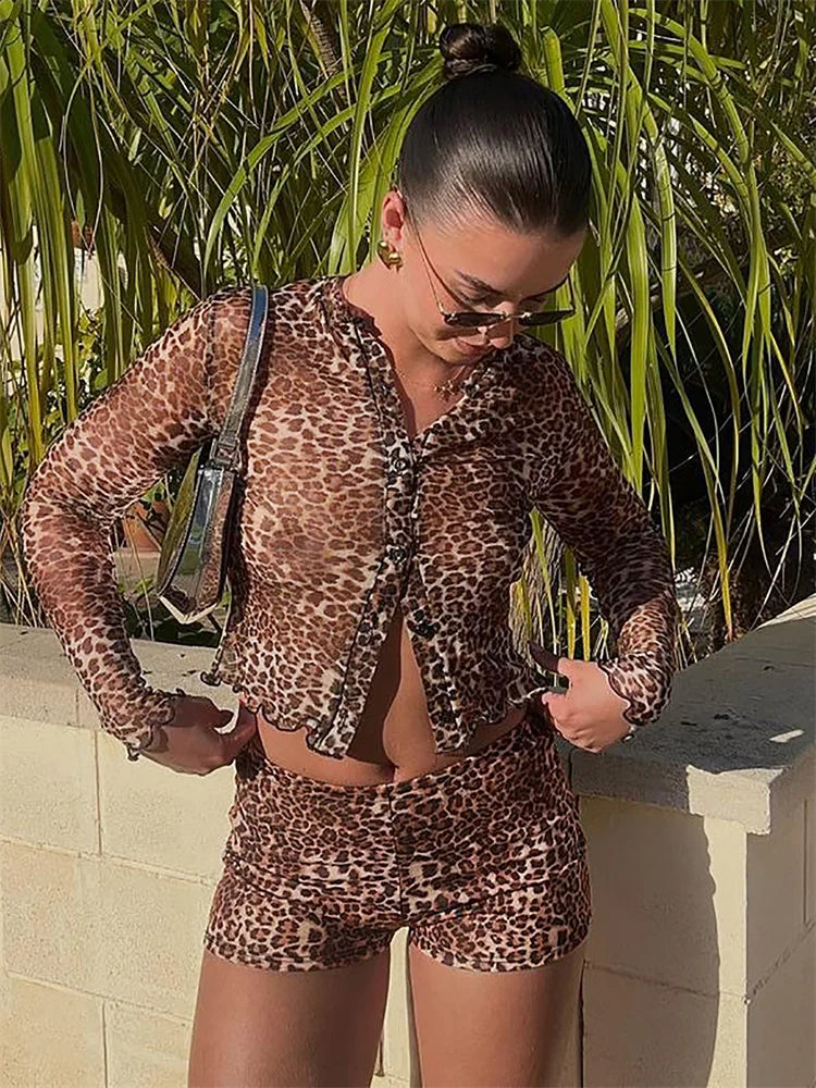 Leopard Print Single Breasted Crop Top Two Piece Shorts Set